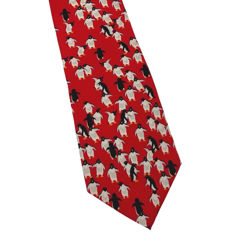 Alynn Neckwear Mens Red Silk Penguin Print Animal Theme Necktie Creative Design